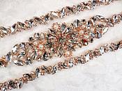 Rose Gold Bridal Sash Applique w/ Beads and Pearls Surrounding Crystal Rhinestones 33" (GB625)