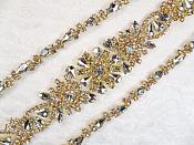 Gold Bridal Sash Applique w/ Crystal Rhinestones 36" (GB626)