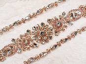 Rose Gold Bridal Sash Applique w/ Beads Surrounding Crystal Rhinestones 36" (GB626)