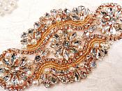Crystal Rhinestone Rose Gold Pearl Beaded Applique 6.75" (GB627)