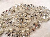 Crystal Rhinestone Silver Pearl Beaded Applique 6.5" (GB627)