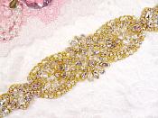 Gold Bridal Sash Applique w/ Beads and Pearls Surrounding Crystal Rhinestones 18.5" (GB628)