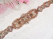 Rose Gold Bridal Sash Applique w/ Beads and Pearls Surrounding Crystal Rhinestones 18.5" (GB628)