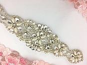 Crystal Rhinestone Silver Beaded White Pearl Beaded Applique 8" (GB640)