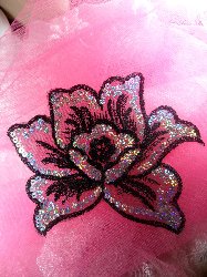 GB66  Black Flower Embroidered Silver AB Sequin Applique 6.5"