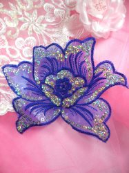 GB66 Blue Embroidered Flower Silver AB Sequin Applique 6.5"