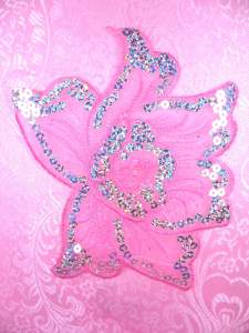 GB66 Pink Embroidered Flower Silver AB Sequin Applique 6.5"