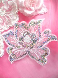 GB66 White Embroidered Flower Silver AB Sequin Applique 6.5"