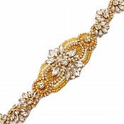 Gold Bridal Sash Applique w/ Beads and Pearls Surrounding Crystal Rhinestones 18.5" GB724