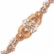 Rose Gold Bridal Sash Applique w/ Beads and Pearls Surrounding Crystal Rhinestones 18.5" GB724