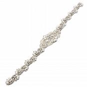 Silver Bridal Sash Applique w/ Beads and Pearls Surrounding Crystal Rhinestones 18.5" GB724