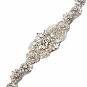 Silver Bridal Sash Applique w/ Beads and Pearls Surrounding Crystal Rhinestones 18.5" GB724