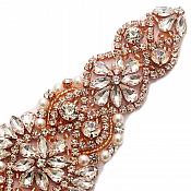Rose Gold Beaded Applique with Crystal Rhinestones and Pearls Bridal Bling 7.75" GB753
