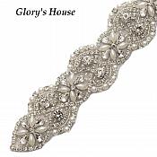 Bridal Sash Applique Silver Beaded with Crystal Rhinestones and Pearls 18" GB759
