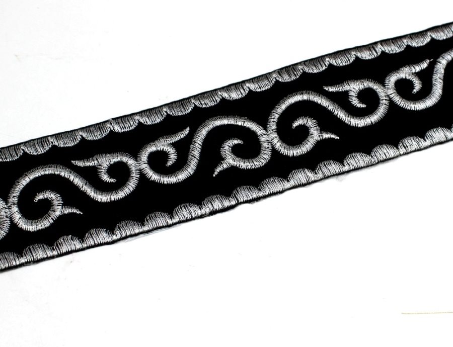Black Trim Silver Metallic Designer Scroll Sewing Iron on Border Edging GB809