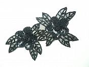 Double Floral Cluster Applique of Black Flowers Sequins Beads Iron On 6.5" GB818