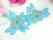 Double Floral Cluster Applique of Blue AB Flowers Sequins Beads Iron On 6.5" GB818
