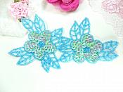 Double Floral Cluster Applique of Blue AB Flowers Sequins Beads Iron On 6.5" GB818