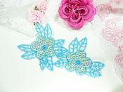 Double Floral Cluster Applique of Blue AB Flowers Sequins Beads Iron On 6.5" GB818