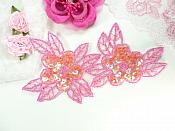 Double Floral Cluster Applique of Fuchsia AB Flowers Sequins Beads Iron On 6.5" GB818