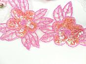 Double Floral Cluster Applique of Fuchsia AB Flowers Sequins Beads Iron On 6.5" GB818