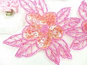 Double Floral Cluster Applique of Fuchsia AB Flowers Sequins Beads Iron On 6.5" GB818