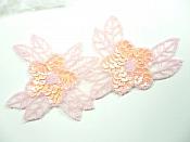Double Floral Cluster Applique of Pink AB Flowers Sequins Beads Iron On 6.5" GB818