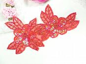 Double Floral Cluster Applique of Red AB Flowers Sequins Beads Iron On 6.5" GB818