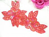Double Floral Cluster Applique of Red AB Flowers Sequins Beads Iron On 6.5" GB818