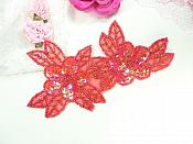 Double Floral Cluster Applique of Red AB Flowers Sequins Beads Iron On 6.5" GB818