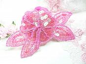 Floral Beaded Sequin Applique Dangles Center Fuchsia Ab 5.5" GB819