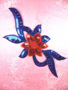 GB88 Red Royal Blue Flower Sequin Embroidered Floral Applique 9.25"