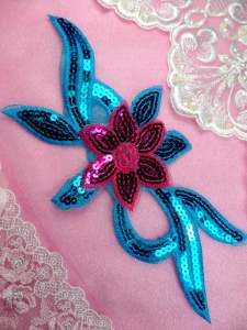 GB88 Fuschia Turquoise Flower Sequin Embroidered Floral Applique 9.25"