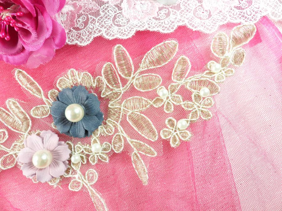 3 Dimensional Applique Pearl Venice Lace Floral Sewing Clothing Patch 12" GB887