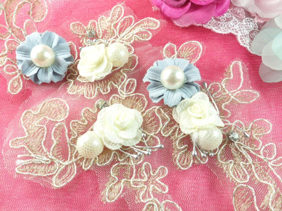 3 Dimensional Applique Rhinestone Pearl Venice Lace Floral Sewing Clothing Patch 10" GB888
