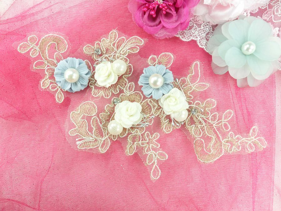 3 Dimensional Applique Rhinestone Pearl Venice Lace Floral Sewing Clothing Patch 10" GB888