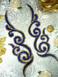 GB89 MIRROR PAIR Blue Gold Metallic Iron On Designer Embroidered Applique 6.75"