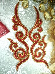GB89 MIRROR PAIR Burgundy Gold Metallic Iron On Designer Embroidered Applique 6.75"