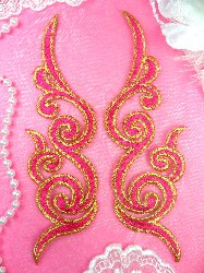 GB89 MIRROR PAIR Fuchsia Gold Metallic Iron On Designer Embroidered Applique 6.75"
