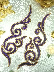 GB89 MIRROR PAIR Purple Gold Metallic Iron On Designer Embroidered Applique 6.75"