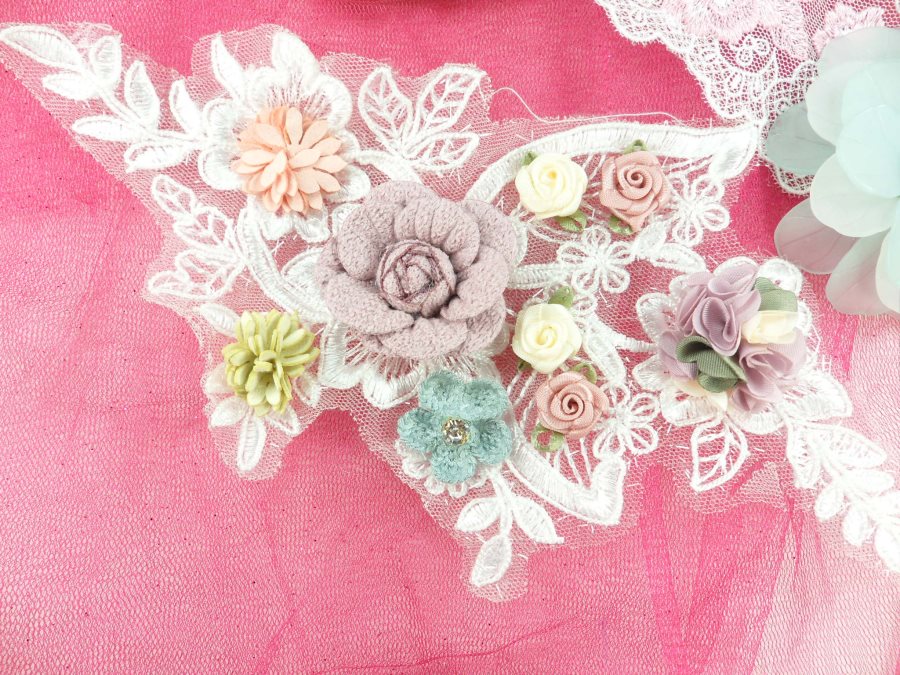 3 Dimensional Applique Rhinestone Venice Lace Floral Sewing Clothing Patch 10" GB891
