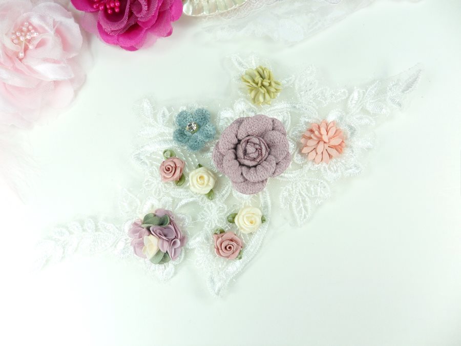 3 Dimensional Applique Rhinestone Venice Lace Floral Sewing Clothing Patch 10" GB891