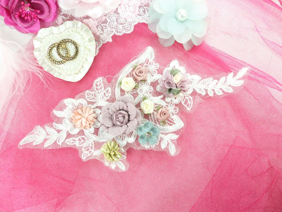 3 Dimensional Applique Rhinestone Venice Lace Floral Sewing Clothing Patch 10" GB891