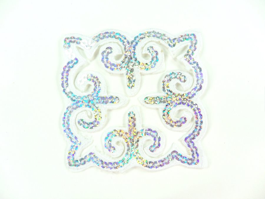 Sequin Applique Embroidered Edge White and Silver Holographic Motif Clothing Patch 5" GB897
