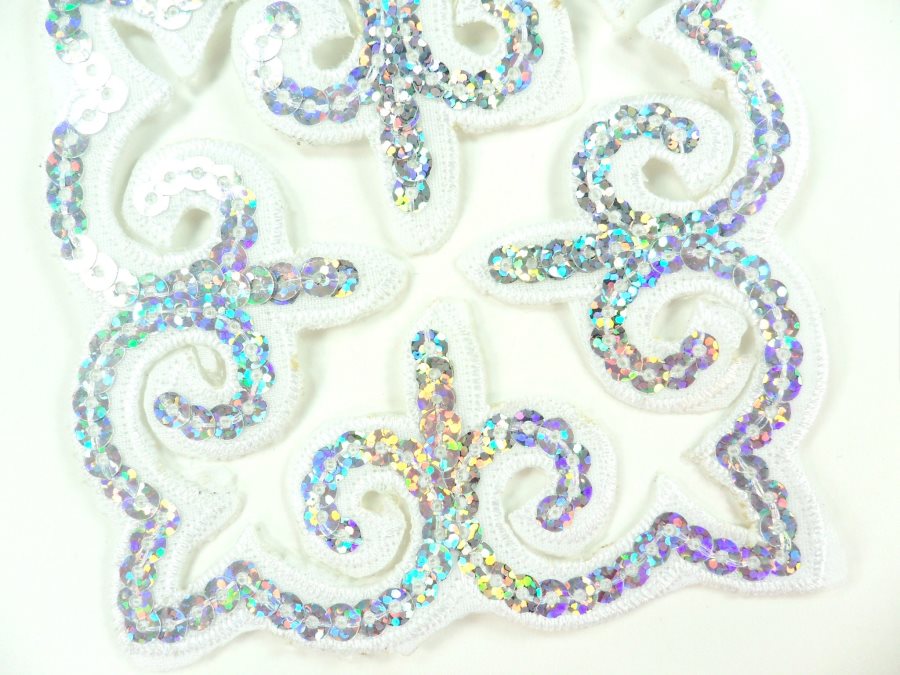 Sequin Applique Embroidered Edge White and Silver Holographic Motif Clothing Patch 5" GB897