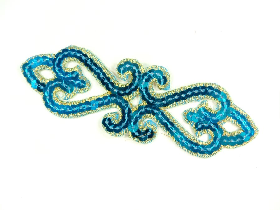 Sequin Applique Embroidered Edge Turquoise and Gold Motif Clothing Patch 5" GB898