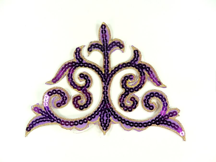 Sequin Applique Embroidered Edge Purple and Gold Motif Clothing Patch 6.25" GB899