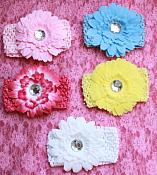 GB9 Flower with Crystal Center Crochet Headband Hairbow 5 Colors Available