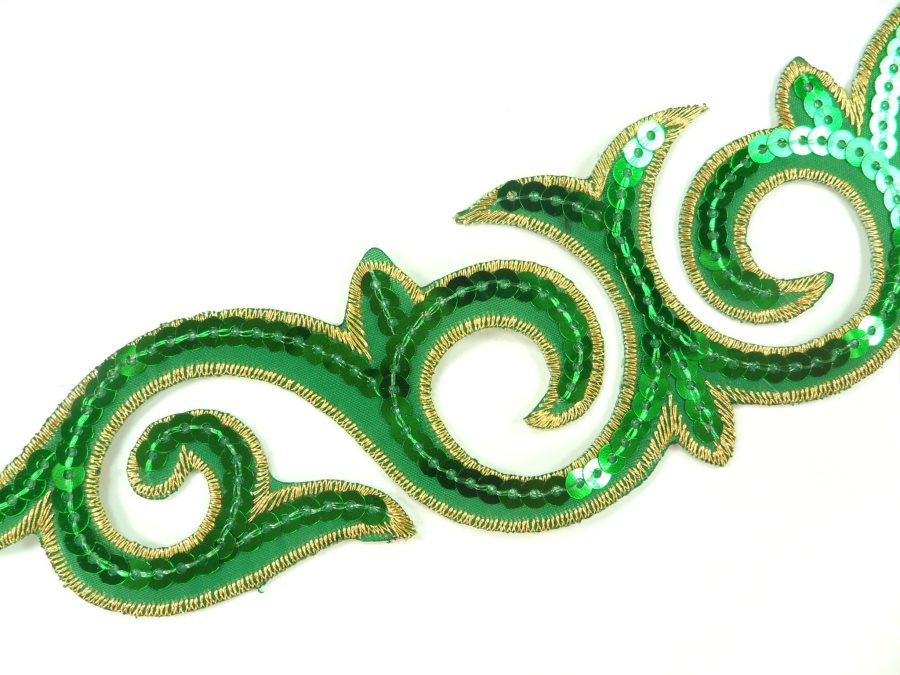 Sequin Applique Embroidered Edge Green and Gold Motif Clothing Patch 9.5" GB900