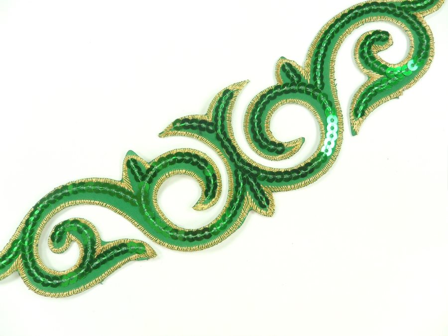 Sequin Applique Embroidered Edge Green and Gold Motif Clothing Patch 9.5" GB900